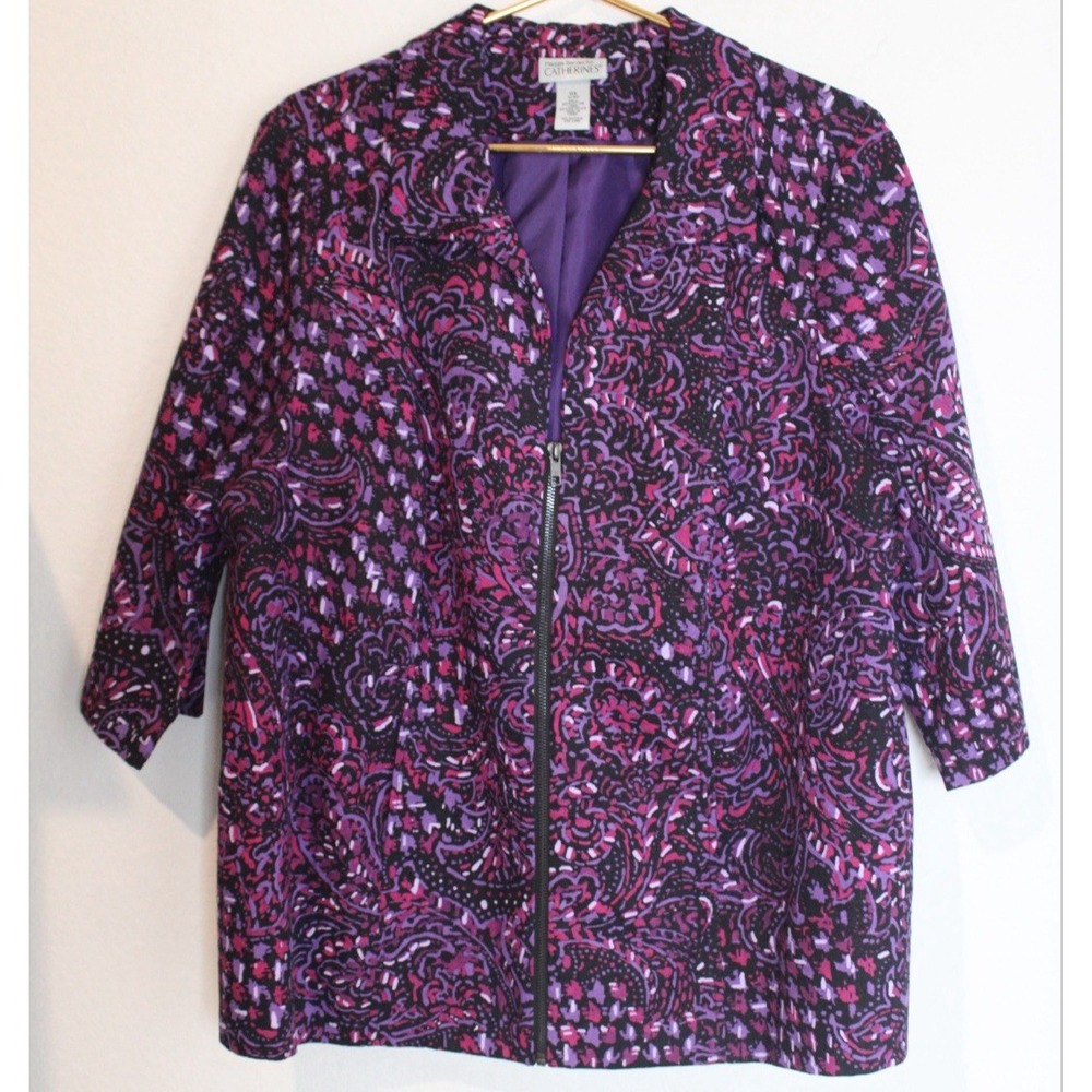 Catherines Jacket Suit Zip 0X Purple Paisley Bohemian Hippie 3/4 sleeve